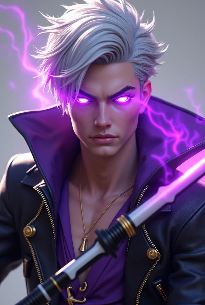 a close-up of a person with a purple and blue background full of lightning, glowing black aura, evil aura, 8k anime, an epic anime of a being with lightning powers, epic anime style, menacing aura, aura of darkness, evolving into his final form, glowing power aura, cosmic power glowing and flourishing, many lightning bolts surrounding the character