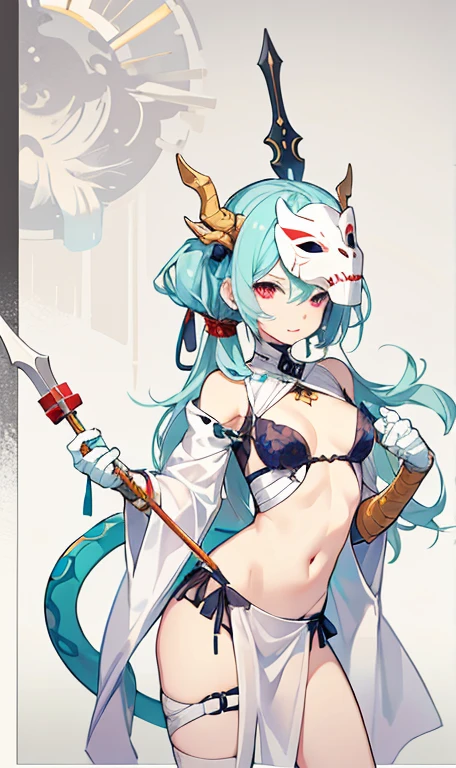 Snake hair.Dragon Horn，Half Skull Mask. Features of the five senses of Asians，Bandage wrapping，Bones wrapped around the chest，Sexy lower body，Silver，Sexy，aesthetics， Holding an irregular spear，Three White. Anime animation style.There&#39;s a skeleton monster under your feet，Mature，whole body