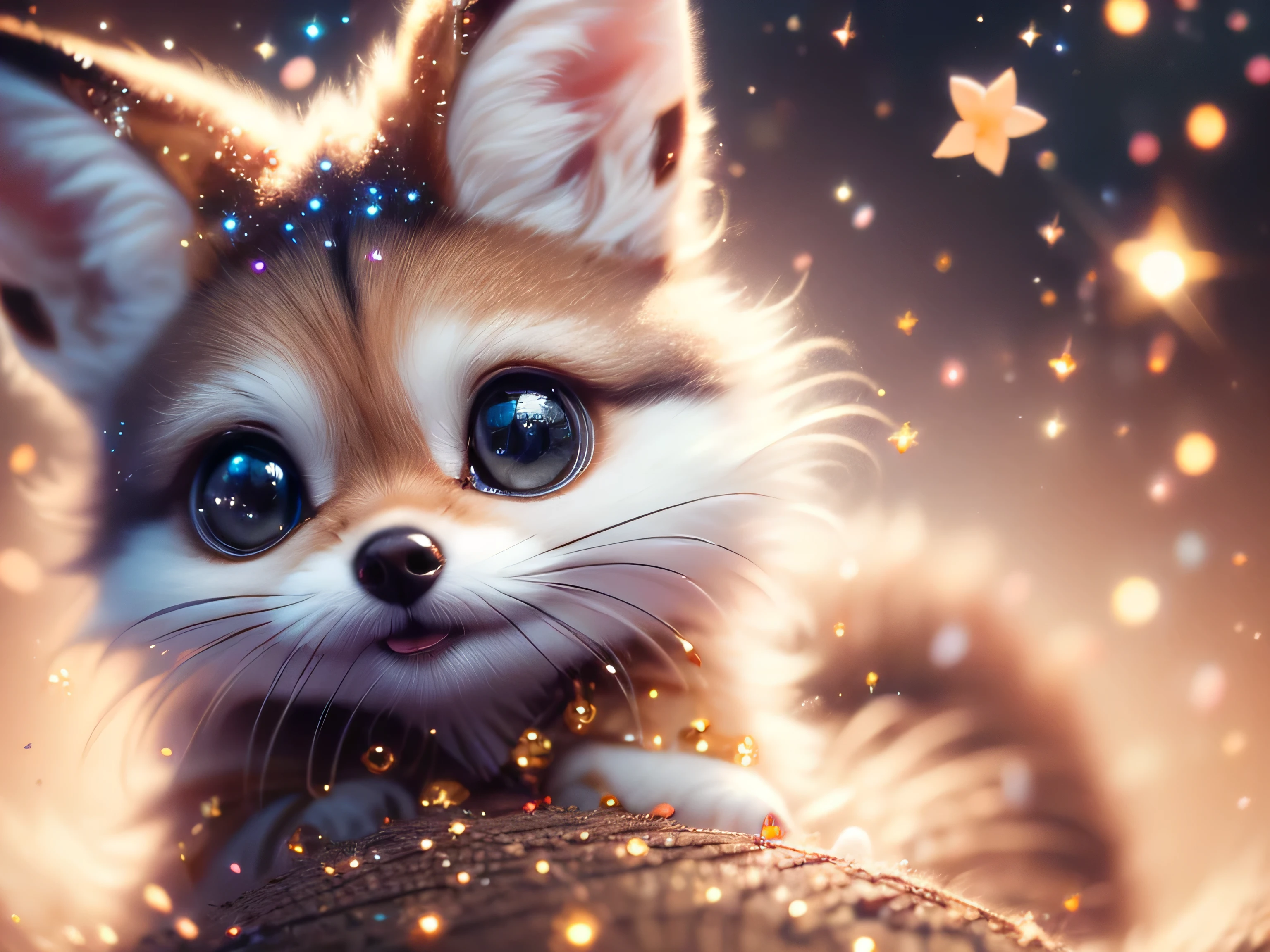 close-up photo super cute, big-eyed, with a soft, gentle nose, fluffy, smiling with two teeth, fennec fox on a natural background, realistic, beautiful, sparkles, stars in the eyes, soft volumetric light, (backlight:1.3), (cinematic:1.2), intricate details, (ArtStation:1.3), Rutkowski --auto --s2