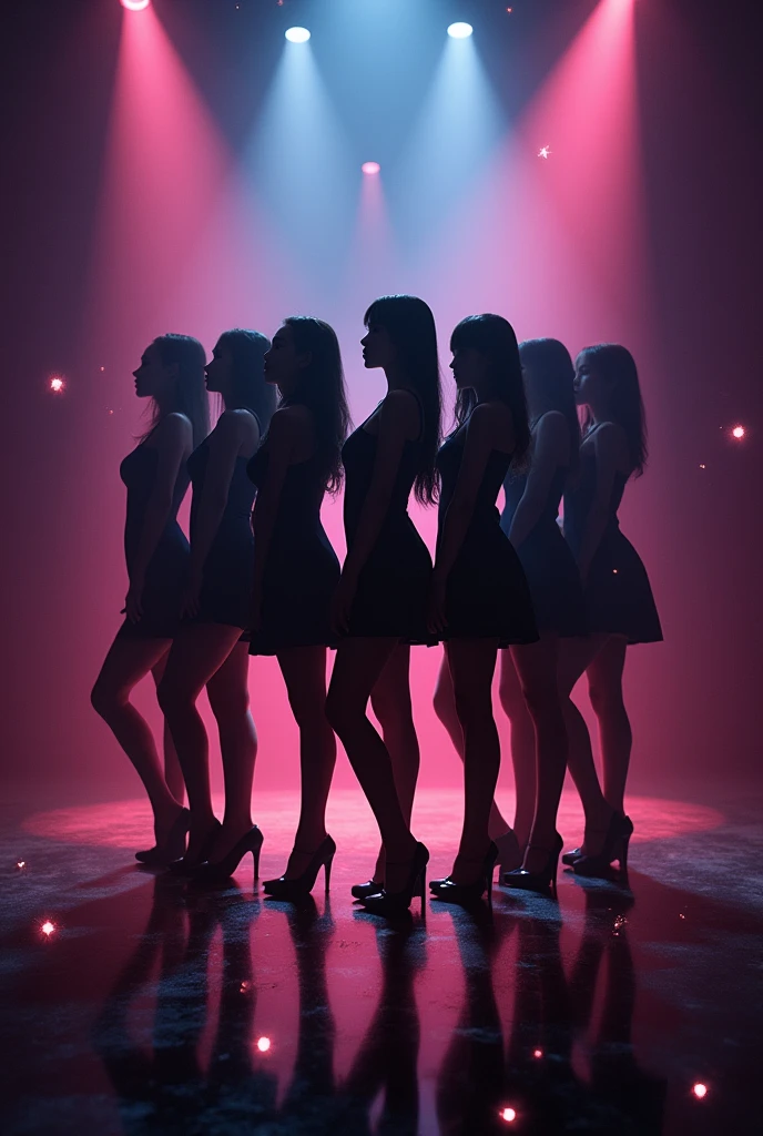 Three pretty, beautiful women in sexy black clothing are walking backwards, disappearing into a night cityscape. The scene is melancholic and introspective, with long shots and fade-outs creating a sense of closure. The background is a starry and moonlit cityscape at night.