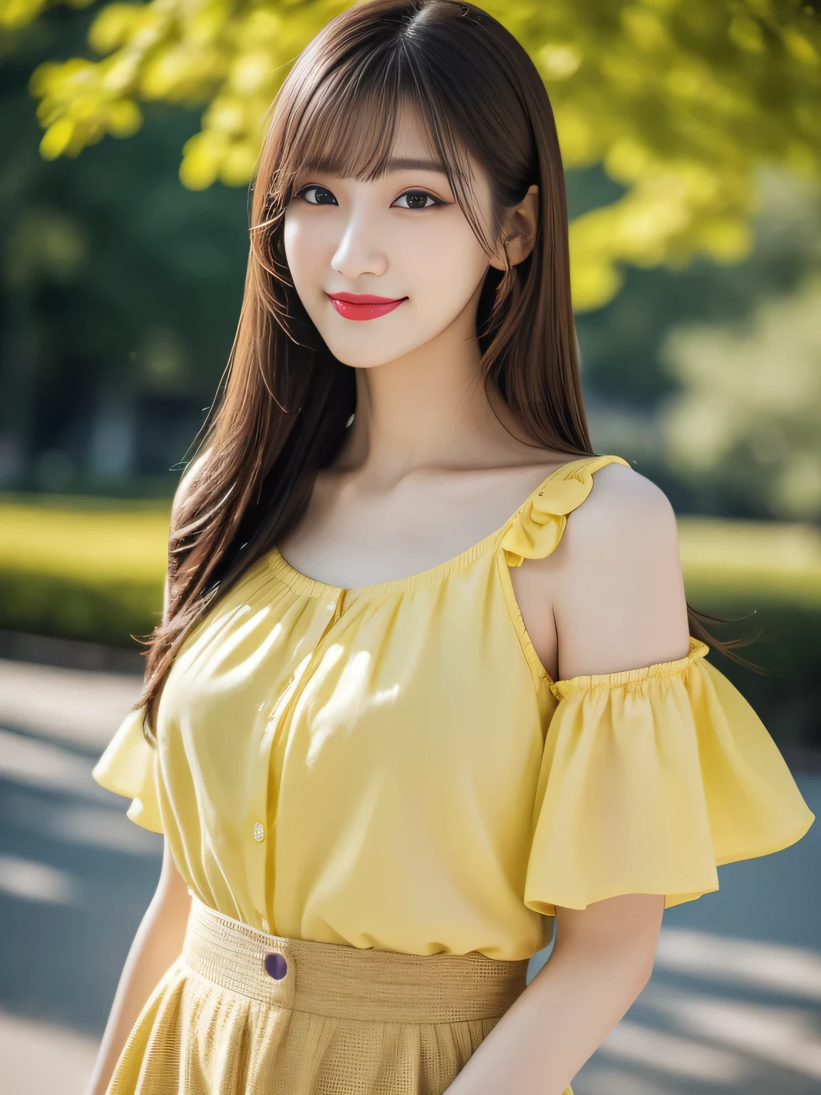 1 girl,(Wearing a yellow short-sleeved blouse:1.2),(RAW Photos, highest quality), (Realistic, Realistic:1.4), Tabletop, Very delicate and beautiful, Very detailed, 2k wallpaper, wonderful, In detail, Very detailed CG Unity 8K wallpaper, Very detailed, High resolution, Soft Light, Beautiful detailed girl, Very detailed目と顔, Beautiful and sophisticated nose, Beautiful and beautiful eyes, Dark pink lipstick, Cinema Lighting, Spring Green Park, Perfect Anatomy, Slender body, smile, Long Straight Hair, (Randomly oriented bodies), face looking at the camera, 3,