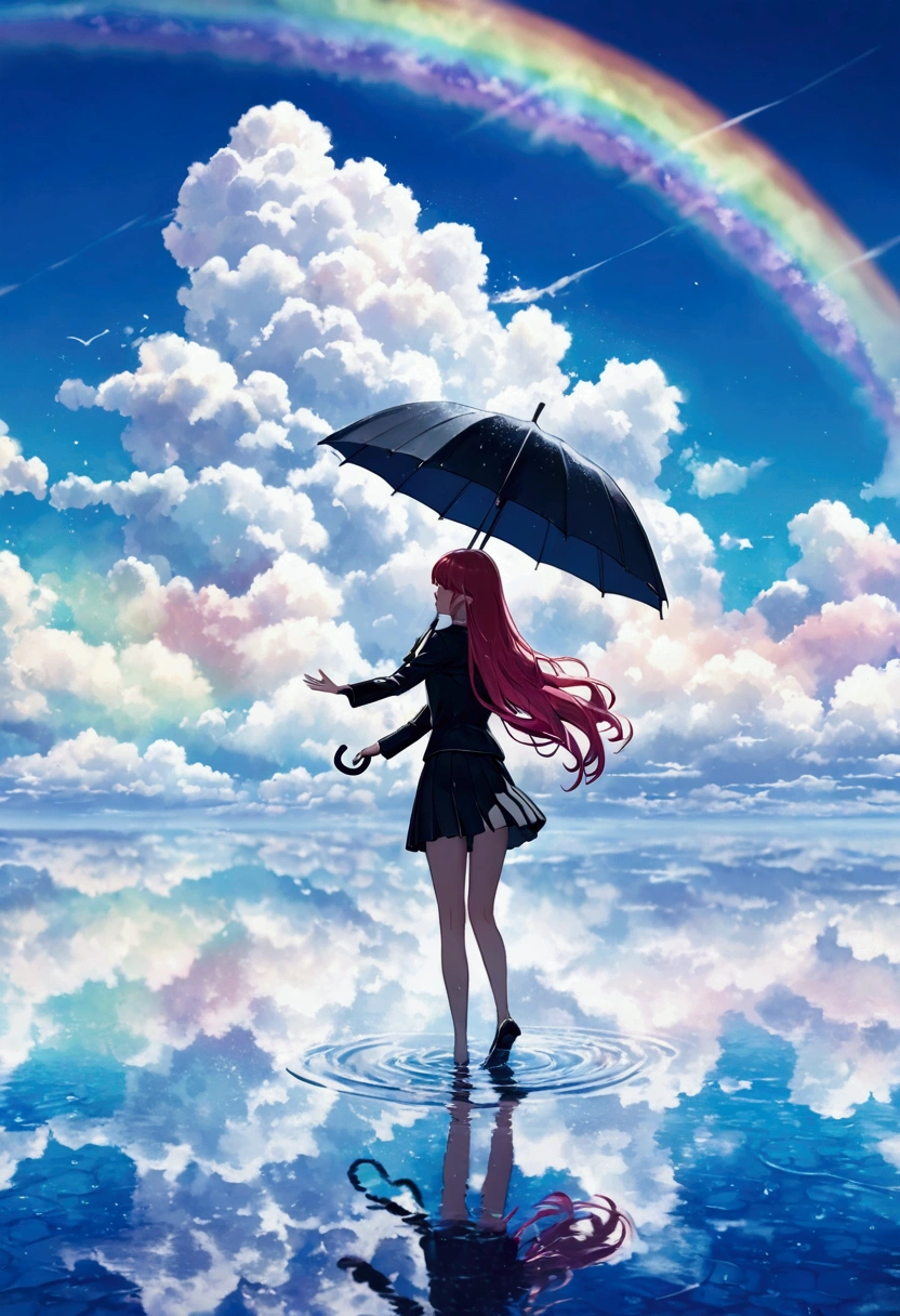 Woman holding an umbrella,Reaching out, rainbow-colored hair,Long Hair,Black Uniform,mini skirt　Big fluffy cloud,noon,It rains,Horizon reflected on the water surface, Stand on liquid 　Catch the wind