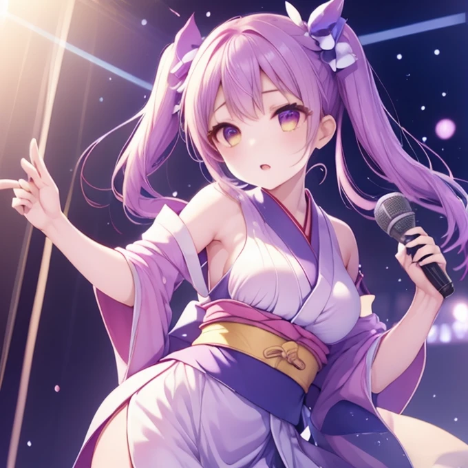 Dynamic young woman、Her bright purple hair is styled in twin tails.、Dynamic dancing and singing on stage、In-ear microphone、Wearing a costume that combines elements of traditional kimono and modern idol costumes,、With a fan in each hand、Modern influences、Detailed background elements、Lively crowd、Ambient Festival Lights、 Soft and warm light、Low-angle camera captures brave pose、2 point perspective method、鮮やかな自然とSpotlightをミックスした照明、Subtle Rim Light、8K Rendering、Advanced Texture Techniques、Subtle motion blur、Depth of Field Effect、Laser beam、Magic Light Effects[Time-consuming、Spotlight、Impressive realistic anime style