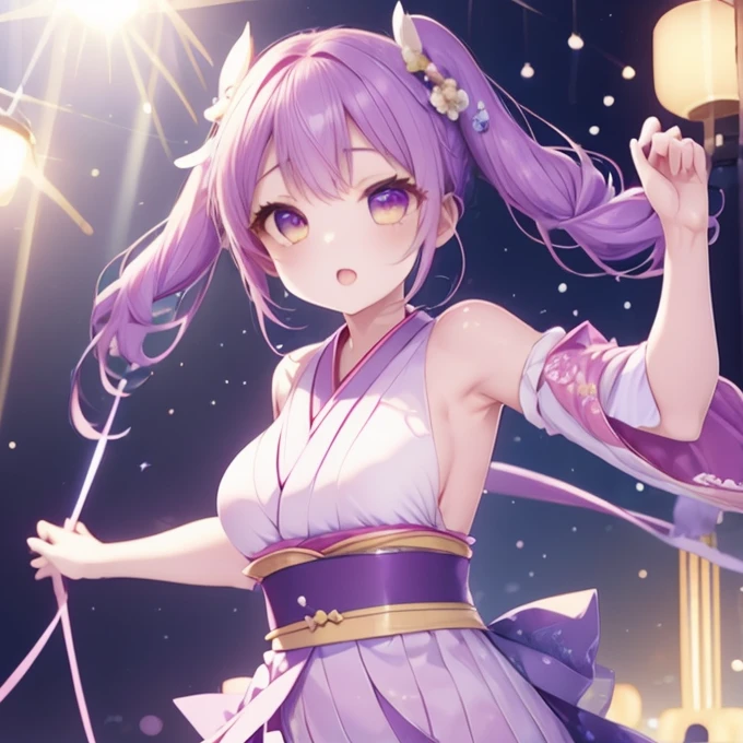 Dynamic young woman、Her bright purple hair is styled in twin tails.、Dynamic dancing and singing on stage、In-ear microphone、Wearing a costume that combines elements of traditional kimono and modern idol costumes,、With a fan in each hand、Modern influences、Detailed background elements、Lively crowd、Ambient Festival Lights、 Soft and warm light、Low-angle camera captures brave pose、2 point perspective method、鮮やかな自然とSpotlightをミックスした照明、Subtle Rim Light、8K Rendering、Advanced Texture Techniques、Subtle motion blur、Depth of Field Effect、Laser beam、Magic Light Effects[Time-consuming、Spotlight、Impressive realistic anime style