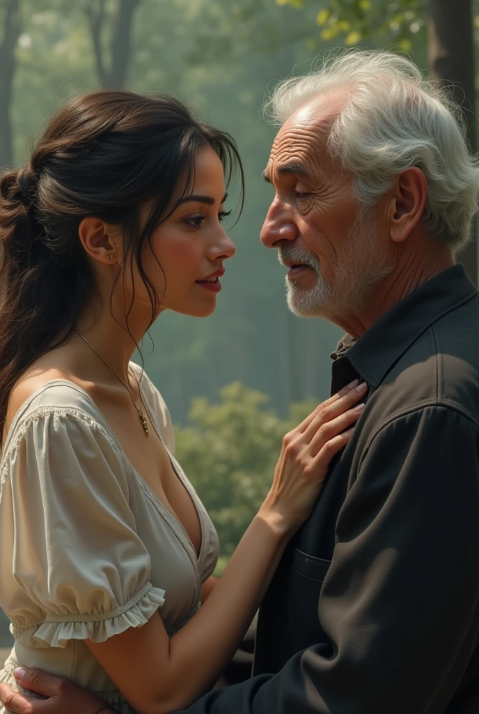 best quality, 8k UHD, cinematic light, BREAK, {{young girl is kiss with old man}}, (14 age girl), (80 age boy), mans hair is white,