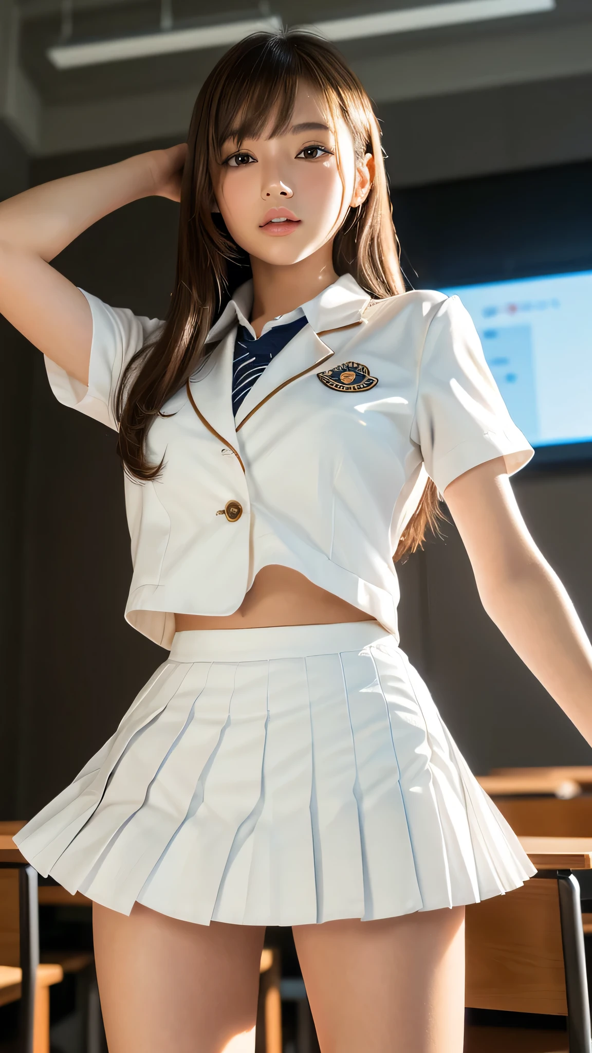 Product quality,1 girl,(Shooting from below:1.4),(Thigh Emphasis:1.4),Young and pretty girl in Japan,Daytime, (High school classroom:1.2),(Short sleeve shirt:1.3),(Schoolgirl uniform:1.3),(blazer:1.3), (White ultra short pleated mini skirt:1.5),(No pants:1.3),Very cute face,Glossy Lips,Beautiful big eyes,Brown eyes,Double eyelids on both eyes,(Natural Makeup),shiny smooth light brown long hair,,,Asymmetrical bangs,Floating Hair NovaFrog Style,Center image,8k resolution,Attention to detail,Detailed hairstyle,Detailed face,Cinema Lighting,Octane Rendering,Ultra-realistic,Perfect limbs,Beautiful legs,Voluptuous thighs,Huge breasts,Perfect Anatomy,Spread your legs,(Provocative dynamic pose:1.3)