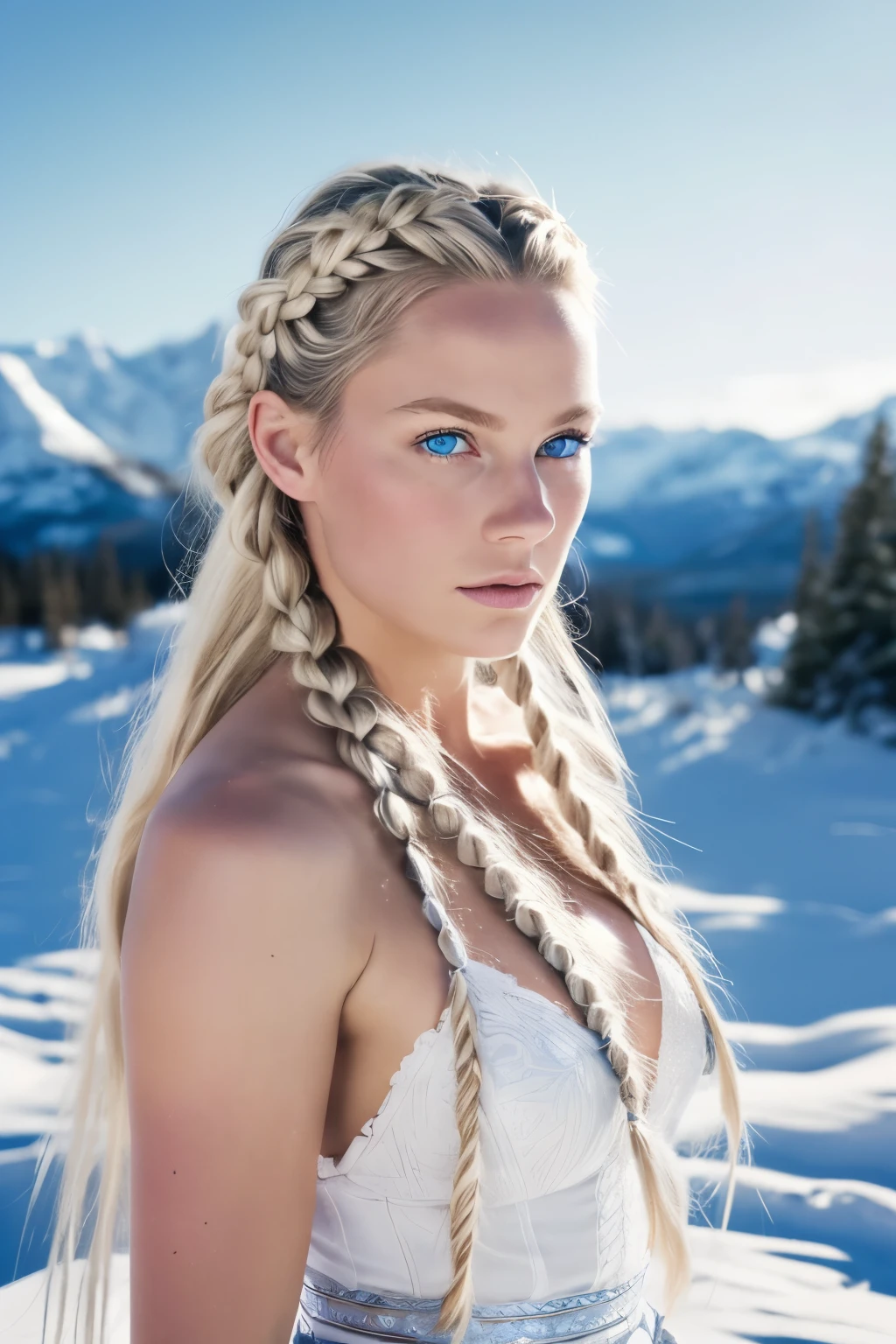 (Realistic:1.2), Analog Photography Style, Scandinavian warrior woman, fantastic snowy setting, braided blonde hair, whole body, Soft natural light, Cute and sexy, Pleasure, detailed face and blue eyes, Great quality, masterpiece, detailed northern background, Quality: 16K, raw photo, cluster