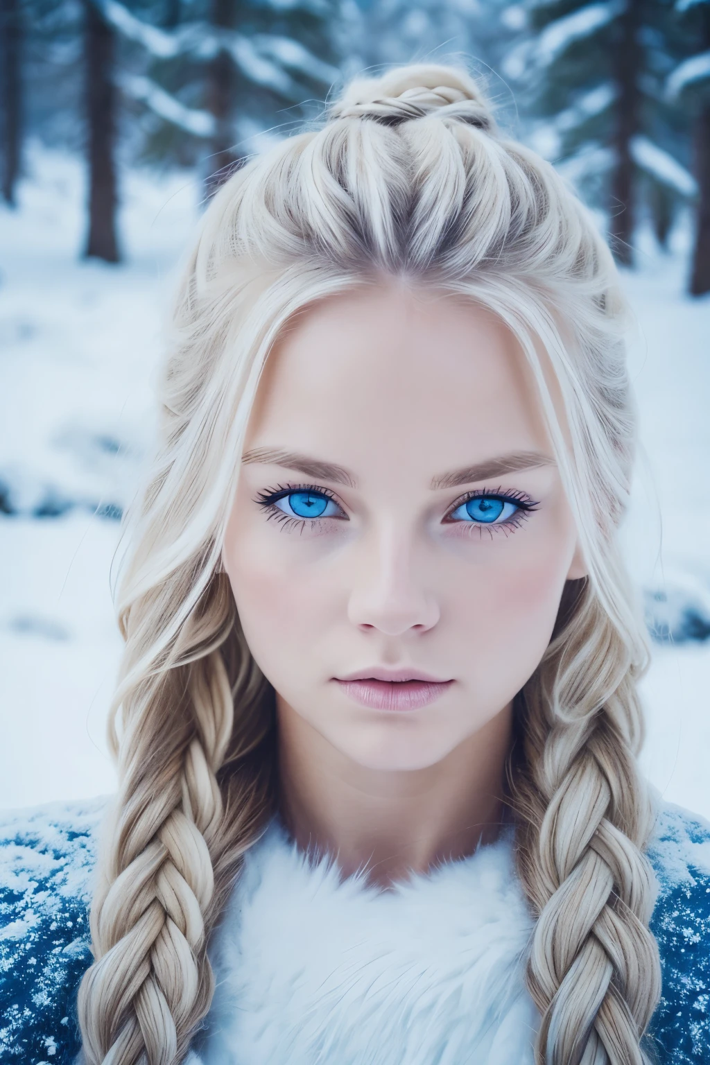 (Realistic:1.2), Analog Photography Style, Scandinavian warrior woman, fantastic snowy setting, braided blonde hair, whole body, Soft natural light, Cute and sexy, Pleasure, detailed face and blue eyes, Great quality, masterpiece, detailed northern background, Quality: 16K, raw photo, cluster