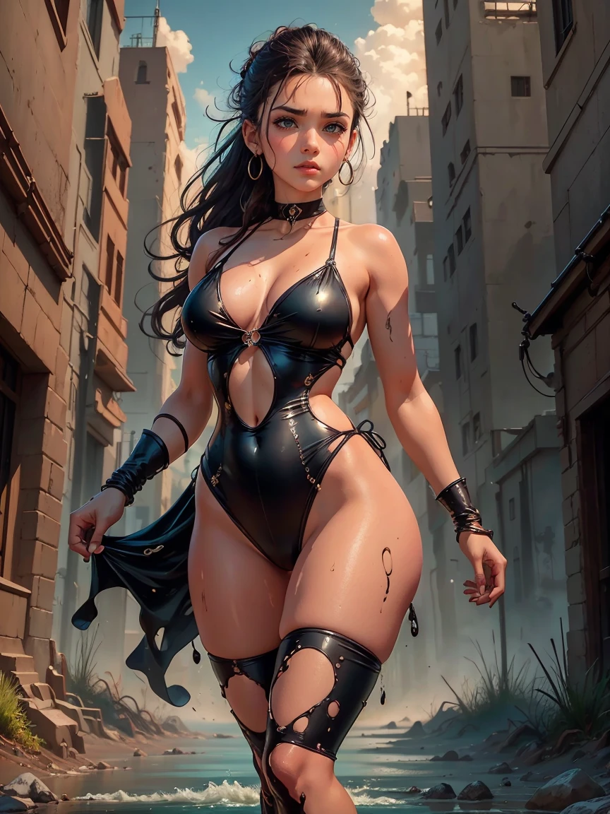 ((work of art), best qualityer, high qualiy, professional quality, highy detailed, high resolution, perfect lighting, natural lighting), style of joe maduereira,comic-book style,dskyart1, Being compressed or expanded, one piece swimsuit, Heiress, 小柄, fine tune, triangular face, skin fair, dark brown hair, amber eyes, Narrow Nose, fleshy lips, Prominent Chin, hair to the shoulders, Wavy hair, Updo formal, asymmetrical breasts, dangling earrings, lavender stain lipstick, Dripping liquid cascades, Misty river valley,visionary, state-of-the-art laboratory, A volcanic planet with constant eruptions and rivers of lava, providing abundant geothermal energy to its inhabitants., post-apocalyptic desert, vampyre