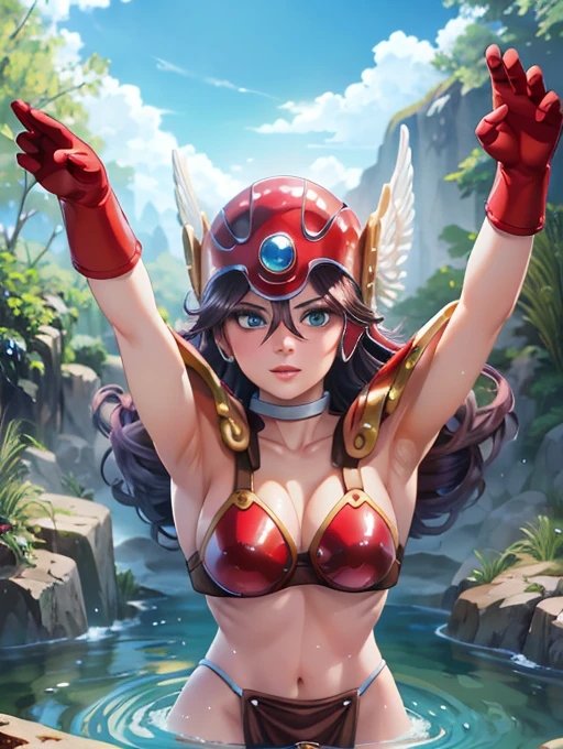 close up portrait of a cute woman (gldot) bathing in a river, reeds, (backlighting), realistic, masterpiece, highest quality, lens flare, Shade, bloom, [[chromatic aberration]], by Jeremy Lipking, by Antonio J. Manzanedo, digital painting,(((Armpit、Raise your hands up))),Red Bikini Armor、Red Armor、Red helmet with wings