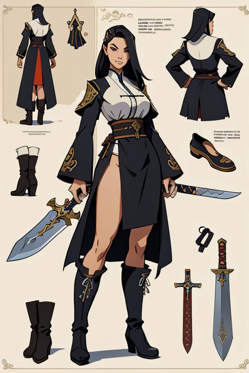 Clergy presentation, Female character design sheet for video games with detailed accessories, Boots, Multiple icons, Korean style,Weapon design, One-handed sword