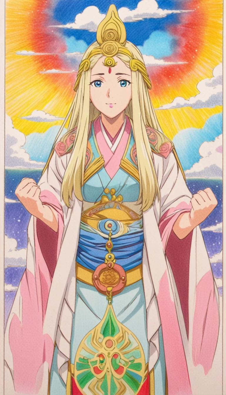  Compassionate Mother Kannon, Multicolored clouds, Anime Art, art，advertisement，Colored pencil drawing，draft 