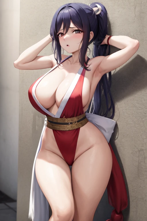 masterpiece, best quality, beautiful art, high resolution, well formed hands, body and fingers, 1 woman, solo, Kanan Matsuura, red makeup, red lipstick,adult, grown up,  cosplaying as Mai Shiranui , mai_shiranui_cosplay, adult, large and big breasted, cleavage, full body , hair ribbon, gorgeous legs and, thighs, sexy Japanese clothes, hair ornament , sexy and bare legs , hips and thighs, panties peek,ryona , in peril, she is injured she is now cornered against the wall, helpless and vulnerable, she is dizzy and exhausted, looking at the viewer with anxiety and fear, she is afraid, , breathing heavily, terror in her eyes, helpless and weak, gasping, being at the edge of defeat, heroine in peril, ryona scene ryona , in peril, she is injured she is now cornered against the wall, helpless and vulnerable, she is dizzy and exhausted, looking at the viewer with anxiety and fear, she is afraid, , breathing heavily, terror in her eyes, helpless and weak, gasping, being at the edge of defeat, heroine in peril, ryona scene 