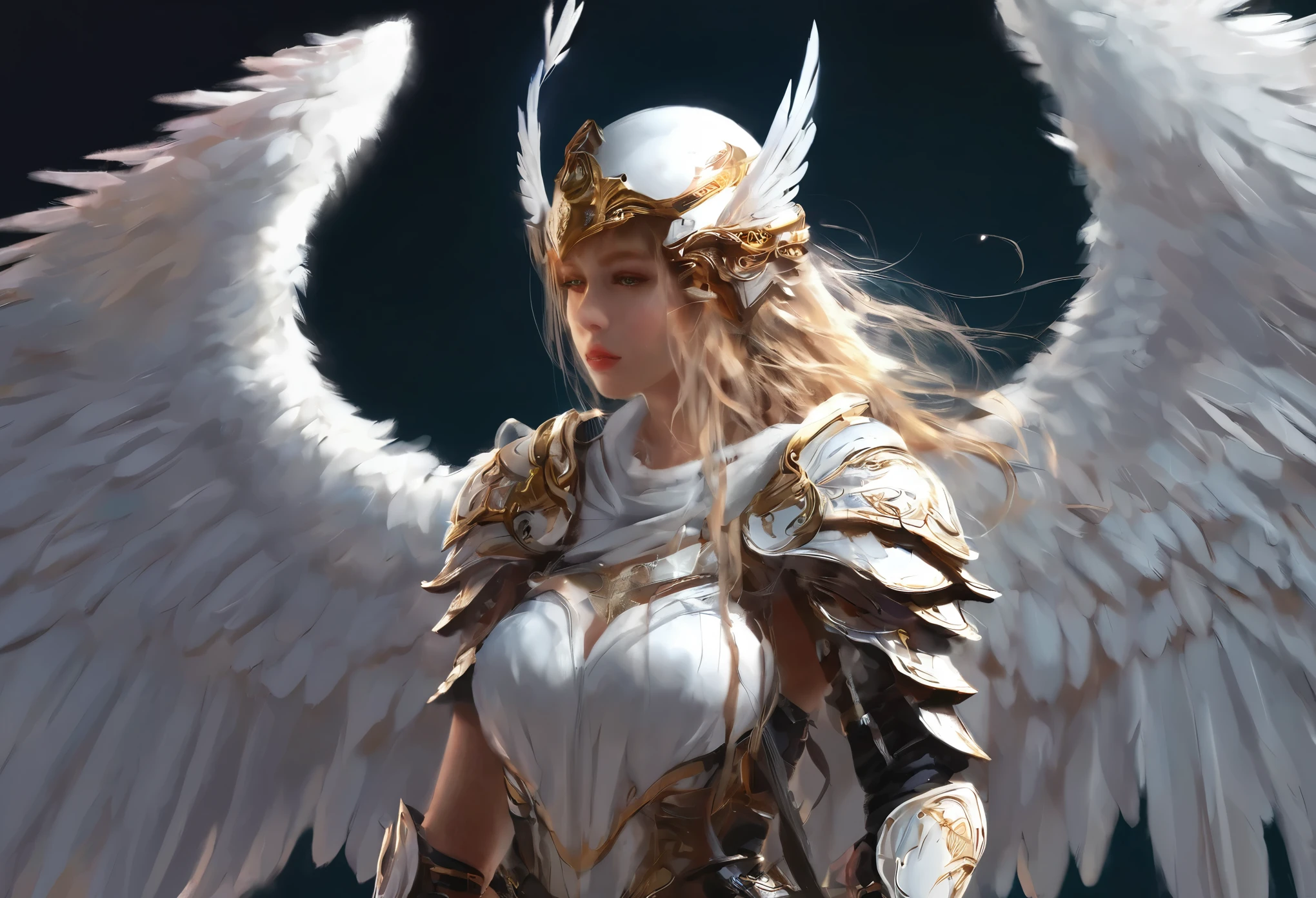 1girl angel Winged helmet mask angel_wings armor feathers_Long wing feathers_Hair Shoulder Armor Shoulder_Armor single piece_Wing separate upper part_The body is white_Theme White_Wings Wings