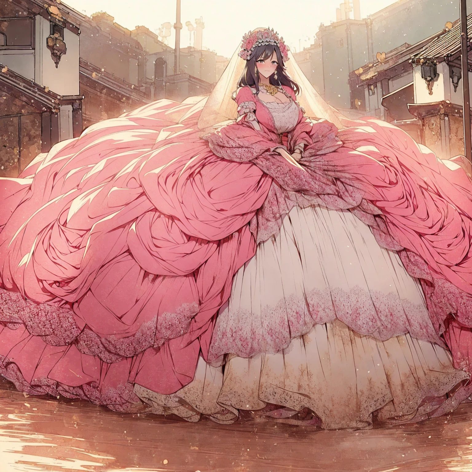 Pee on yourself, must pee,Anime cute art style, looking at camera, Awkward, blush, Urine stains, Urine stains , yellow urine, tears, cry, Out of breath, sweat, a girl,long hair, long skirt,Noble and atmospheric masterpiece,best quality,Super detailed,illustration,Very delicate and beautiful,whole body,Gorgeous noble princess in wide skirt,jewel eye,Very long hair,Gorgeous embroidery and lace,transparent,gorgeous ruffles,Huge breasts,Long breasts,Gorgeous ball gown with loose skirt