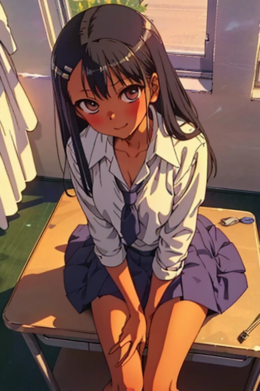 ((Highest quality、masterpiece、detailed))、(Shooting from a low angle、Looking up angle、Angle from the front)、 high school girl、
School uniforms、mini skirt、
(White panties)、(Sit on a desk、With her legs spread, her panties are visible:1.5), smile, School classroom