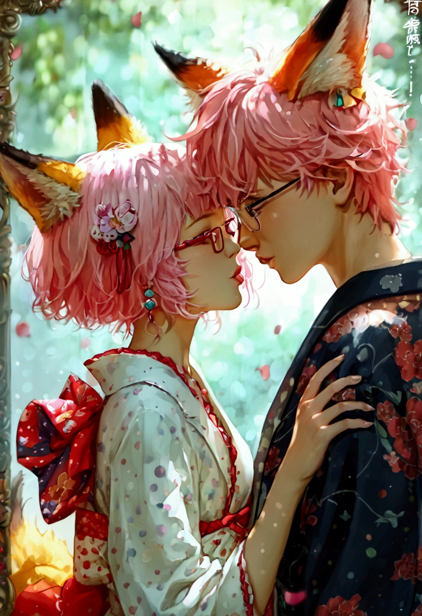 PICTURE REALISTIC,Japanese woman,20 year,short pink hair,There are fox ears.,Wear thin white pajamas.,do not wear underwear,Passionately kissing a Thai guy with glasses.