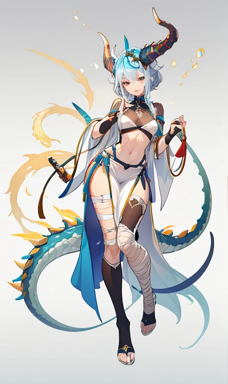 Snake hair.Dragon Horn，Half Skull Mask. Features of the five senses of Asians，Bandage wrapping，Bones wrapped around the chest，Sexy lower body，Silver，Sexy，aesthetics， Holding an irregular spear，Three White. Anime animation style.There&#39;s a skeleton monster under your feet，Mature，whole body