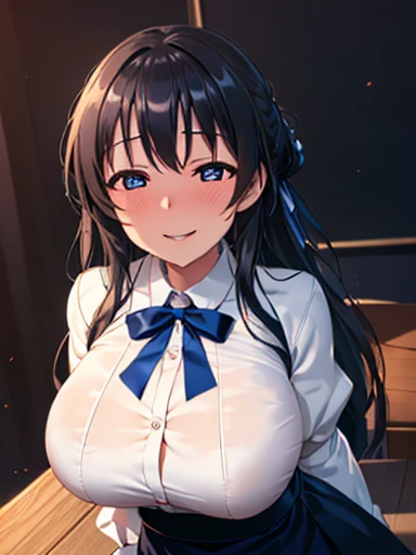 (8k, Highest quality, masterpiece:1.2),High quality CG Unity 8k Large file size,Very detailed,High resolution,Beautiful Eyes,Ray Tracing,Hyper Detail,(1 girl), anime, Perfect body, 

More, White shirt, Blue Ribbon, Black Skirt, 
Huge breasts, 

smile, blush, Being drunk, 
background, 