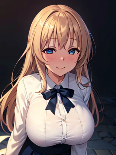 (8k, Highest quality, masterpiece:1.2),High quality CG Unity 8k Large file size,Very detailed,High resolution,Beautiful Eyes,Ray Tracing,Hyper Detail,(1 girl), anime, Perfect body, 

More, White shirt, Blue Ribbon, Black Skirt, 
Huge breasts, 

smile, blush, Being drunk, 
background, 