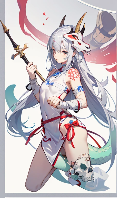 Snake hair.Dragon Horn，Half Skull Mask. Features of the five senses of Asians，Bandage wrapping，Bones wrapped around the chest，Sexy lower body，Silver，Sexy，aesthetics， Holding an irregular spear，Three White. Anime animation style.There&#39;s a skeleton monster under your feet，Mature，whole body，full，