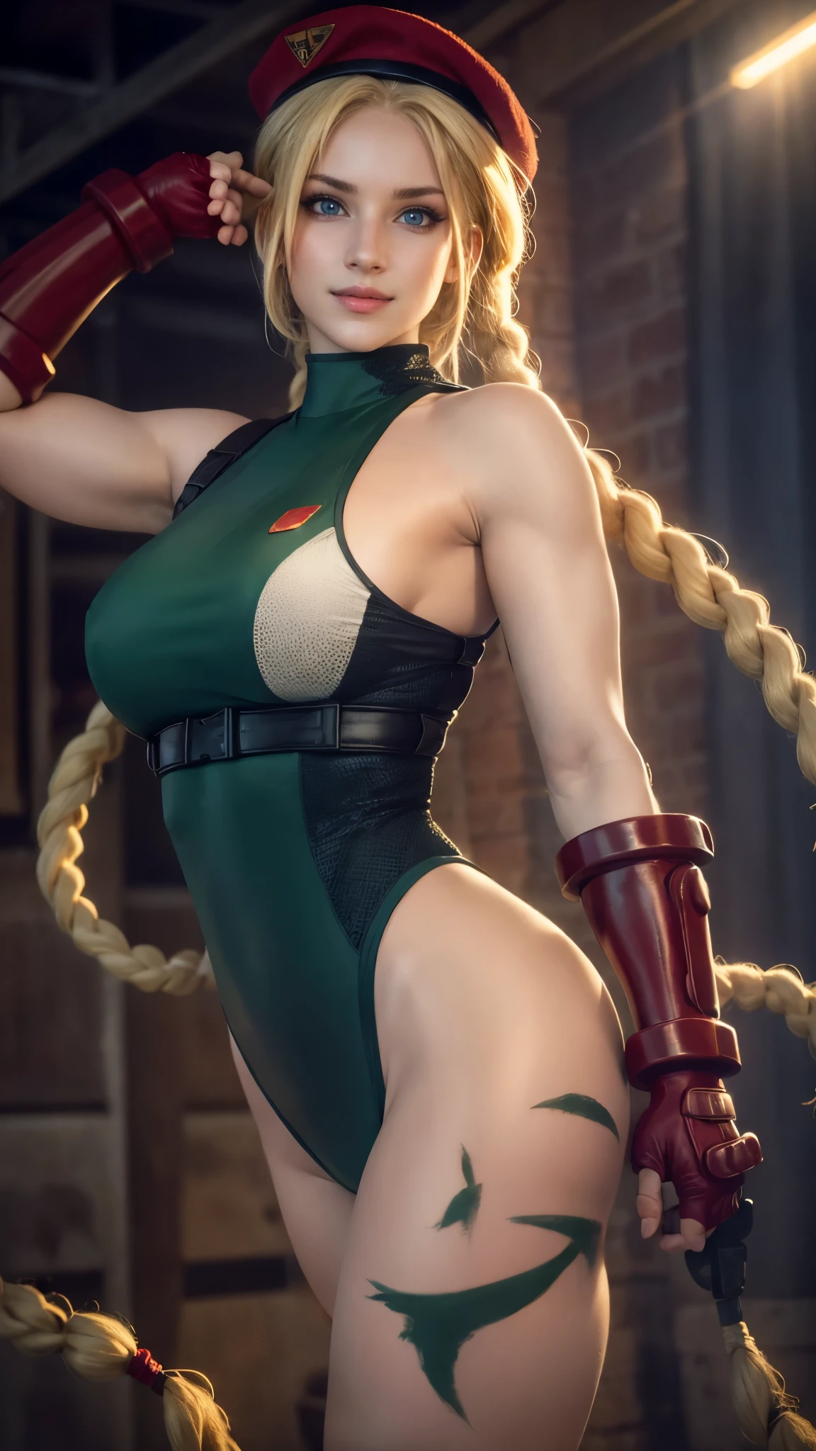 Cammy white da street fighter,(best quality, 4K,8k,high resolution,work of art:1.2)(weather: sunny), boxing gym, boxing bag, high kick, long braided hair, blonde hair, harness, leotard, garrison cap, gloves, boots, ultra detailed,realistic,beautiful detailed blue eyes, beautiful detailed lips,extremely detailed eye and face, long eyelashes,average,large breasts,flying hair,beaming smile, fierce smile, powerful girl, bright coloured, dramatic lighting,