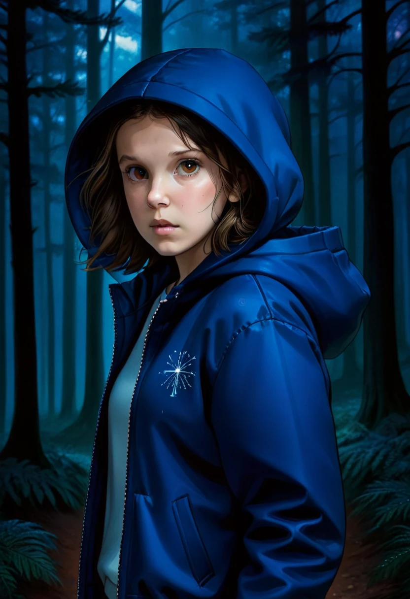 milli3 woman, millie bobby brown, 1 girl wearing blue jacket and hood, Netflix, stranger things eleven, in a dark forest, front view