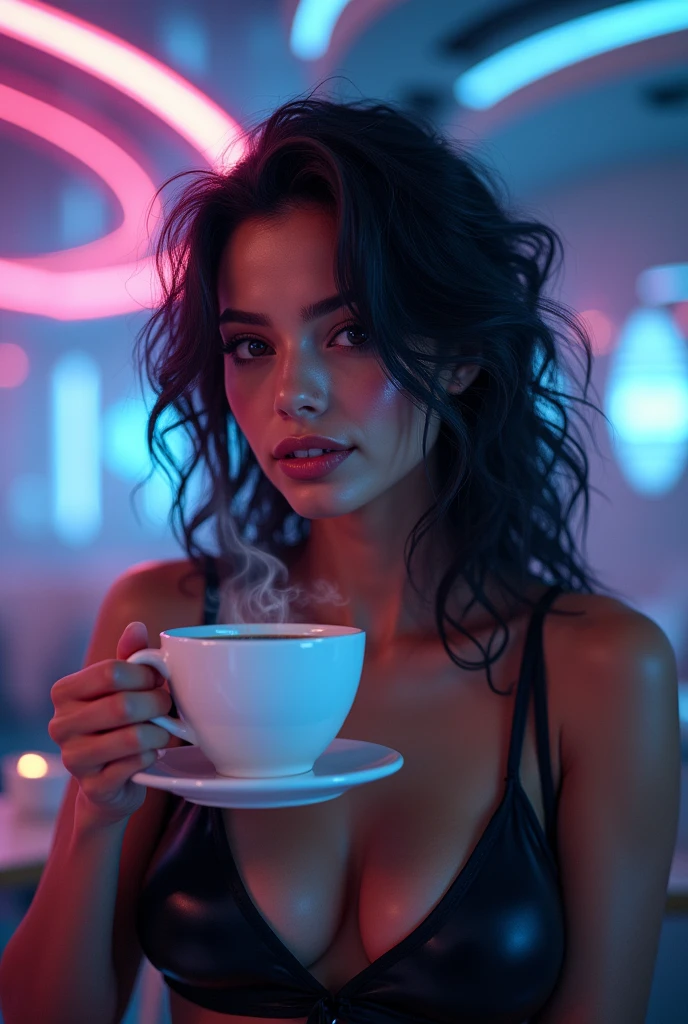 A cinematic masterpiece unfolds: a beautiful caucasian woman (26 years old:1.3),perfect sweet face and expressive eyes, tanned and radiant,(blue_eyes:0.6), and vibrant red streaks in her dark black messy wavy hair, glasses, ponytail, instagram photo, closeup photo, wears white sexy cropped lace shirt, black skirt with slit,high heels, office outfit, tanned skin, makeup, ((dark wavy black hair with red streaks)), hard shadows, in a cafe at morning, at a breakfast table, holding up a mug of steaming coffee, smiles, making a sexy selfie, full body view, text "Good Morning" in neon letters on the wall