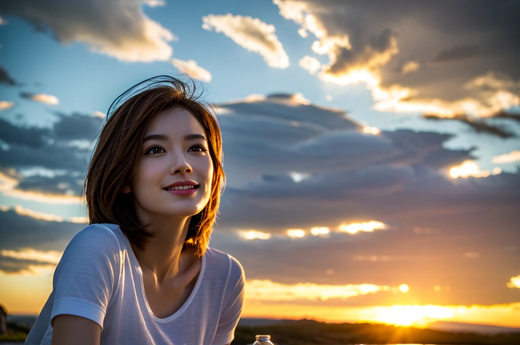 (Realistic, 超Realistic:1.4), 16k hdr, High resolution,Brown short hair,Happy Smile、The best smile、Lovers、Model Couple、Japanese actress,Super Beauty(Like the real thing),Short sleeve dress,Whiskey bottles、The Macallan、Johnnie Walker、、Old Parr、whiskey、Suntory、Nikka、Slim Couple、(Realistic, Intricate details:1.2), Whiskey bottle and glass on the table、Single Malt、scotch、Rocks glass、Shot Glass、Whisky on the rocks、Scotland、Islay、Amazing view of the sunset sky and clouds、,Digital single-lens reflex camera, Soft lighting, Detailed Background, Written boundary depth, Volumetric lighting, Sharp focus, super Realistic 肌,super beautiful expression,Cloud Effect:1.2、プロ品質のHigh resolution、Realistic facial features,Highest quality,Slim figure,Highly detailed face,Highly detailed eyes,Beautiful Lips,Excellent light particles,Cinema Lighting,