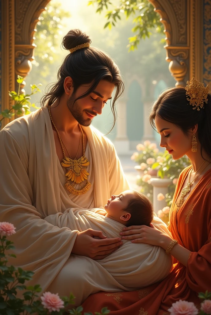 In the dim, confined space of a prison cell, a radiant scene unfolds. A newborn baby, Lord Krishna, with his dark blue complexion, is tenderly held by his mother, Yashoda. He is draped in pristine white clothes that contrast sharply with his skin tone. The soft glow of the cell's meager light highlights his divine presence. His father, Vasudeva, looks on with a joyful, peaceful expression, his eyes reflecting the deep love and relief of this miraculous moment. The scene, despite its stark surroundings, is imbued with a sense of serene divinity and familial warmth.