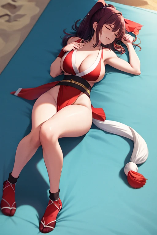 masterpiece, best quality, beautiful art, high resolution, well formed hands, body and fingers, 1 woman, solo, Kanan Matsuura, red makeup, red lipstick,adult, grown up,  cosplaying as Mai Shiranui , mai_shiranui_cosplay, adult, large and big breasted, cleavage, full body , hair ribbon, gorgeous legs and, thighs, sexy Japanese clothes, hair ornament , sexy and bare legs , hips and thighs, panties peek,ryona,in peril, she is defeated, knocked out, passed out, closed eyes, fainting, exhausted, unconscious, laying down on the sand, extended exposed body, full body on the sand, breathing heavily, bouncing breasts, sexy defeated and KO pose, defeat and KO scene, fallen beauty, martial arts tournament with beach environment ryona,in peril, she is defeated, knocked out, passed out, closed eyes, fainting, exhausted, unconscious, laying down on the sand, extended exposed body, full body on the sand, breathing heavily, bouncing breasts, sexy defeated and KO pose, defeat and KO scene, fallen beauty, martial arts tournament with beach environment 