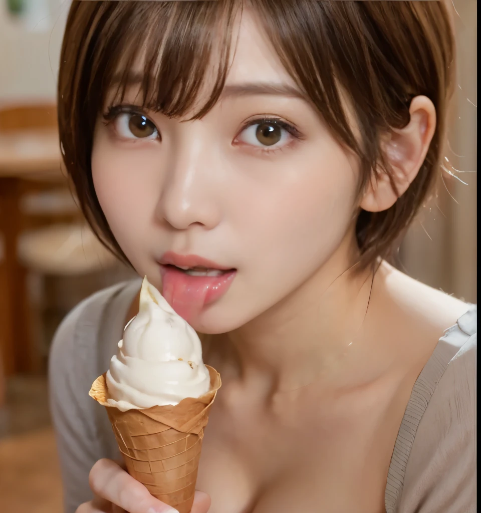 Browsing Caution、Highest quality、8k、masterpiece、Ultra-high resolution、クリアなphotograph、リアルなphotograph、Realistic、Professional Lighting、Natural light、photograph、(very cute、beautiful girl、The cutest Yoda Yuki)、Baby Face、Small face、(Very short hair:1.6)、Brown Hair、(Licking soft serve ice cream:1.2)、Apply cream to face:1.6、Apply white cream to cheeks:1.6、(slouch、Her cleavage is visible:1.4)