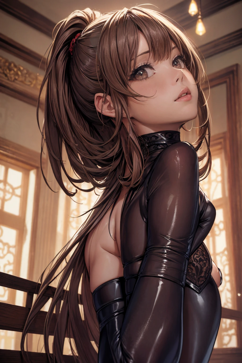 (masterpiece, Highest quality), Intricate details, 8k, Art Station, wallpaper, Official Art,  Sharp focus, Looking up from below、One girl,Toned body、 Long Hair,ponytail,  Brown Hair, ,Swimsuit、One piece swimsuit、Nipple swelling、Slut、 Patent leather long gloves、、