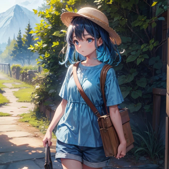 A young girl, cute hat, blue shirt, shorts, determined expression, carrying cargo, highly detailed, photorealistic, 8k, best quality, cinematic lighting, vibrant colors, warm color palette, masterpiece, intricate details, realistic textures, natural setting, outdoor scene, beautiful scenery, peaceful atmosphere