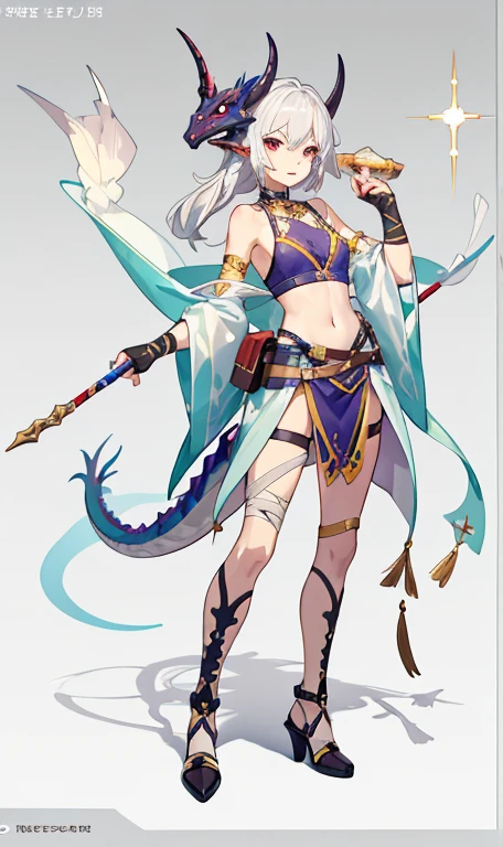 Snake hair.Dragon Horn，Half Skull Mask. Features of the five senses of Asians，Bandage wrapping，Bones wrapped around the chest，Sexy lower body，Silver，Sexy，aesthetics， Holding an irregular spear，Three White. Anime animation style.There&#39;s a skeleton monster under your feet，Mature，whole body，full，Puffy expression，Big Breasts