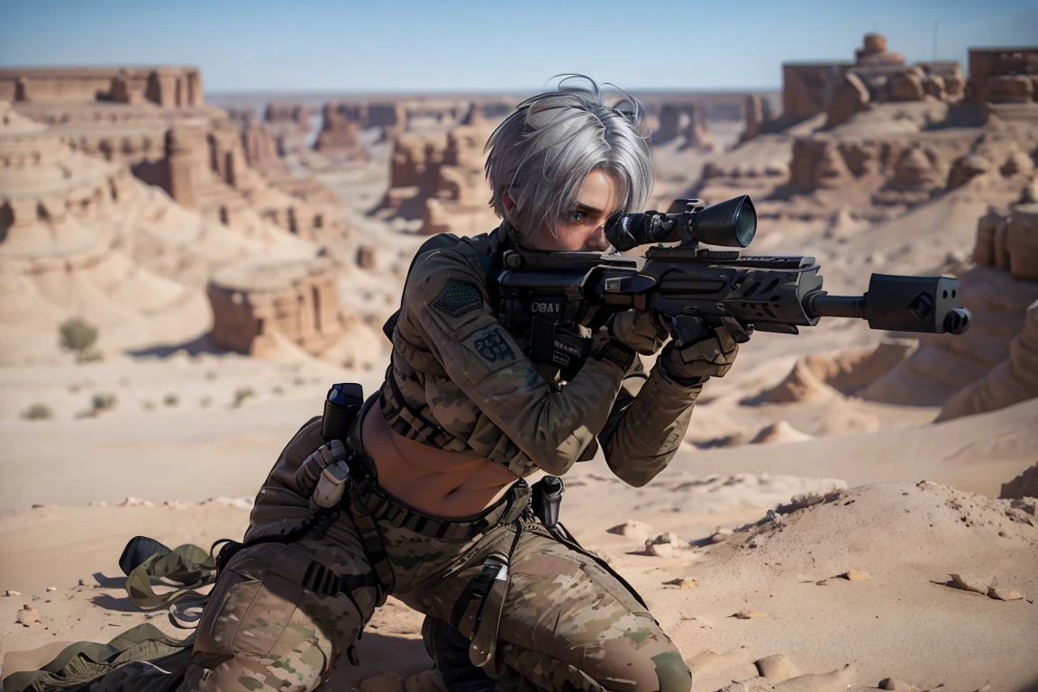 female soldier in desert,1girl, solo, short silver hair, detailed face, fit toned body, toned high, Long legs, wide hips, big ass, full body, bring gun, tactical top and camo pants, sniper position, laying on ground, looking through scope, sniper rifle, 50caliber, (firing:1.3),