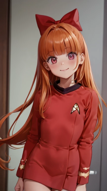 (1girl, solo, highly insanely detailed, masterpiece, top quality, best quality, highres, 4k, 8k, RAW photo),((innocent look)),((Childish)),From the front, symmetrical composition,smile,cute,Innocent,Kind eyes,Flat chest,ST_B_Enterprise, indoor, (blossom), (orange hair, long hair, blunt bangs, pink eyes, hair bow)
(Red startrektos dress)