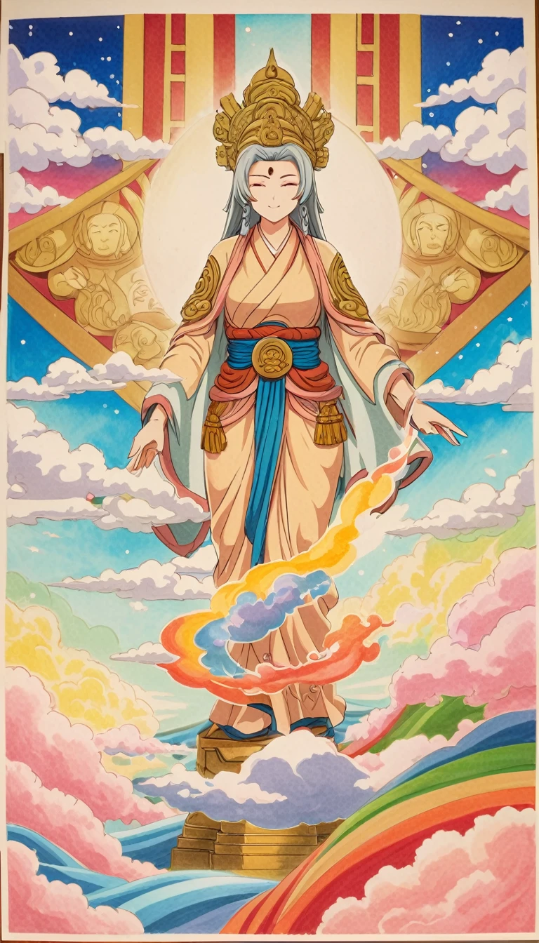  Compassionate Mother Kannon, Ride the Clouds, Many Bodhisattvas, Multicolored clouds, Anime Art, art，advertisement，Colored pencil drawing，draft 