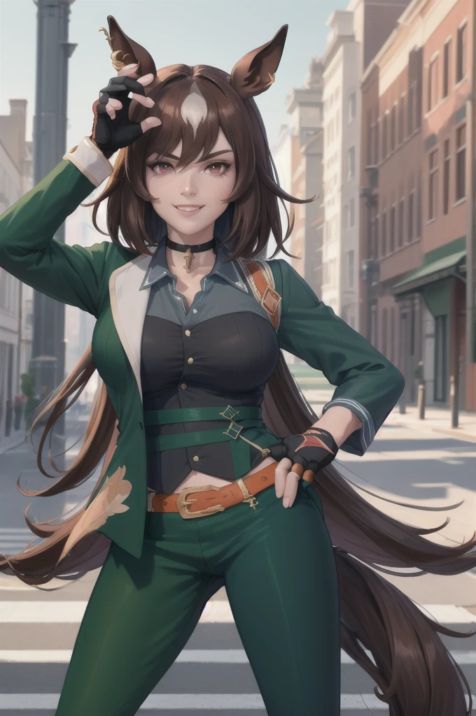 (masterpiece, best quality:1.2), solo, sirius symboli, smile, looking at viewer, hand on hip, horse ears, v-shaped eyebrows, green jacket,red brassiere,collared shirt, fingerless gloves, green pants, horse tail, choker, belt, outdoors,hand job 