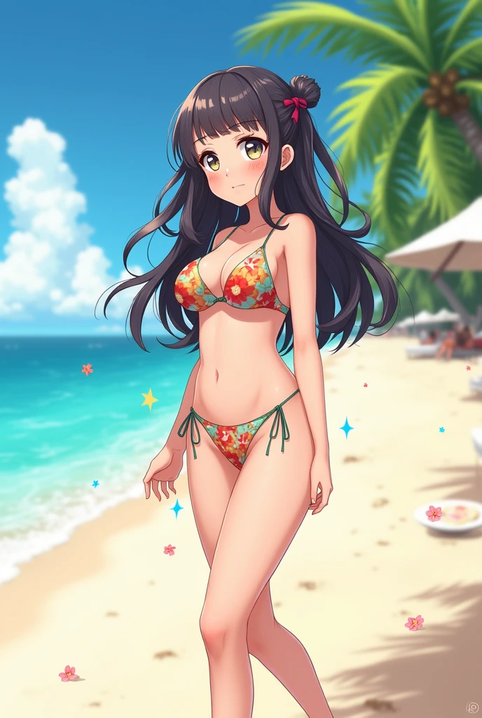 master piece, extremely detailed, high resolution, Makoto Shinkai style, fullbody, Lustrous pink lips, Tan Skin, Tropical island background, Beach Background, very cute, Long Straight Hair, Transparent beach ball with cherry pattern, Having fun with a beach ball, Shining Sweat, Brown Hair, Mid-chest, Narrow waist, fullbody, Glossy, plump lips, Shiny Hair, The water splashes shine and emit seven colors of light., A very cheerful and fun look, swimsuit