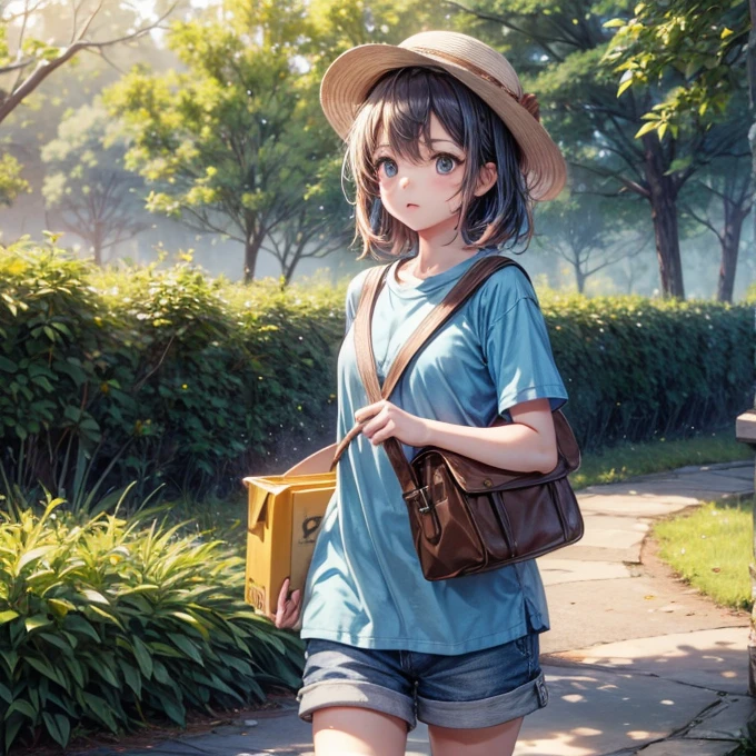 A young girl, cute hat, blue shirt, shorts, determined expression, carrying cargo, highly detailed, photorealistic, 8k, best quality, cinematic lighting, vibrant colors, warm color palette, masterpiece, intricate details, realistic textures, natural setting, outdoor scene, beautiful scenery, peaceful atmosphere