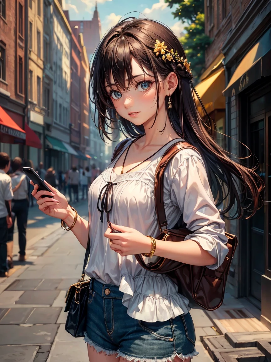 (work of art, best qualityer, ultra detali, high resolution, 4K),(beautiful detailed eyes),(very highly detailed face),(1 girl),HDR,long hair, Shorts, phone, eyes browns, chestnut hair, cellphone, bracelet, regatta, jewerly, to attend, lips, focus only, glaze, Blurry background, ssmile, wristto attend, realisitic, Blurry, looking ahead at viewer