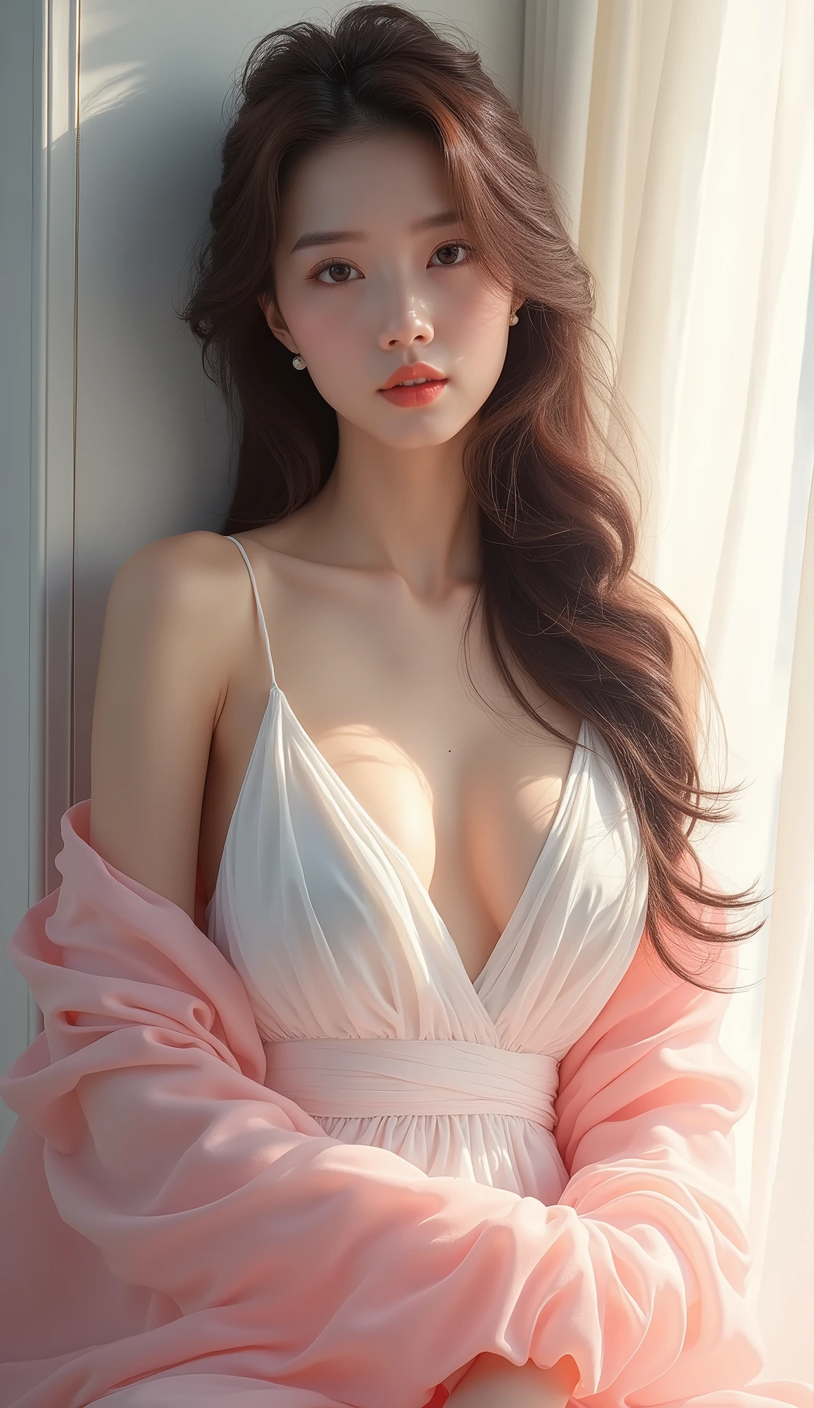hyperrealistic photo, beautiful girl, 16-year-old girl, in transparent figure-hugging lacy pink nightgown, masterpiece, sharp photo, looking at the viewer, dark brown long straight hair, brown enchanting eyes, burgundy full lips, pointed breast, slender long shapely thighs, tanned skin , posing in a bright parquet room, adjusting her hair