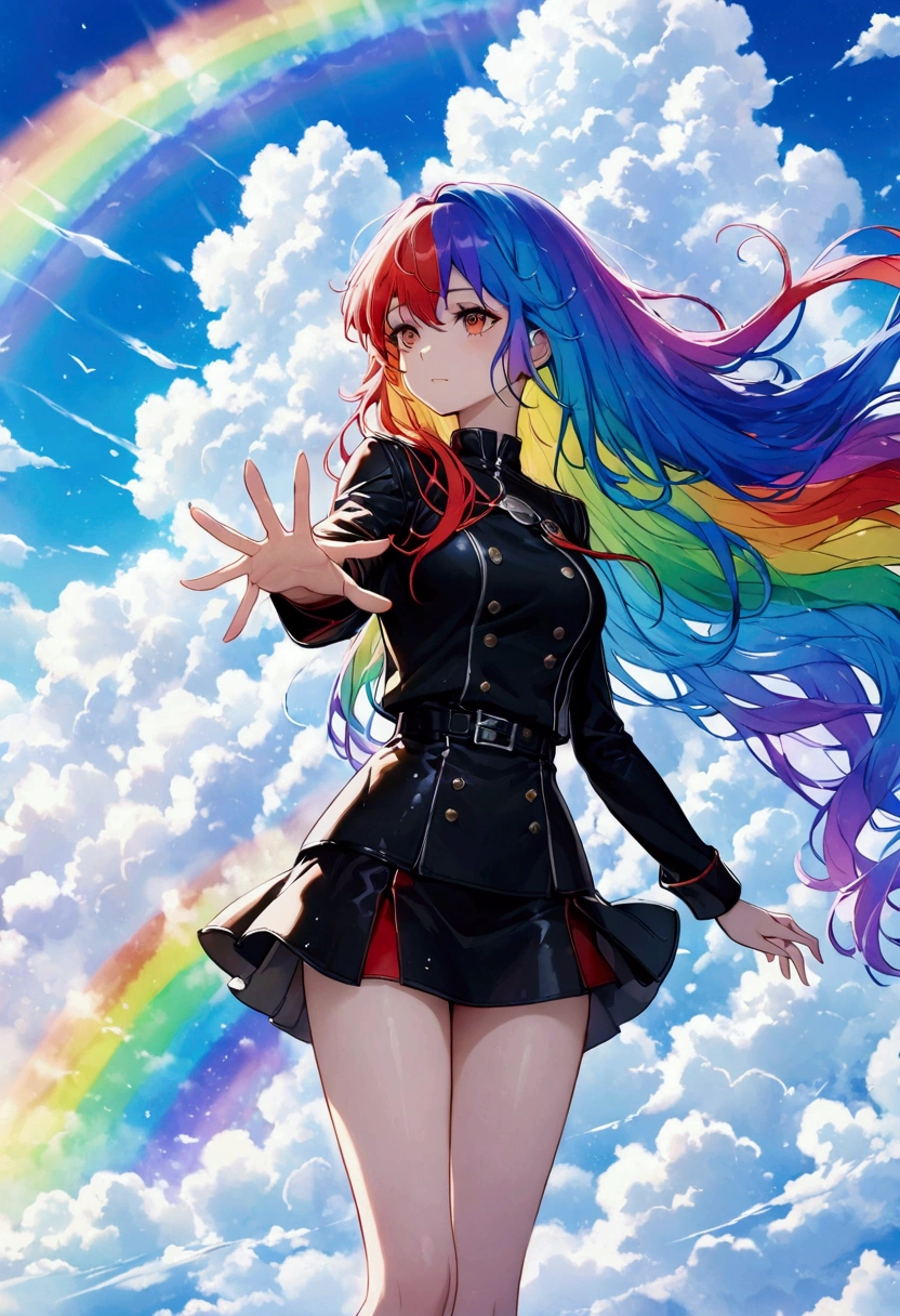 woman,Reaching out, rainbow-colored hair,Long Hair,Black Uniform,mini skirt　Big fluffy cloud,noon,It rains,, Floating in the clouds 　Catch the wind