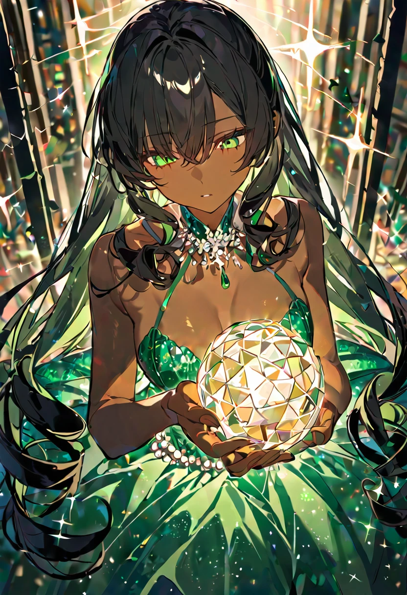 Dark skinned anime girl, long curled black hair, seductive eyes, beautiful green sparkle ball gown, looking down on you