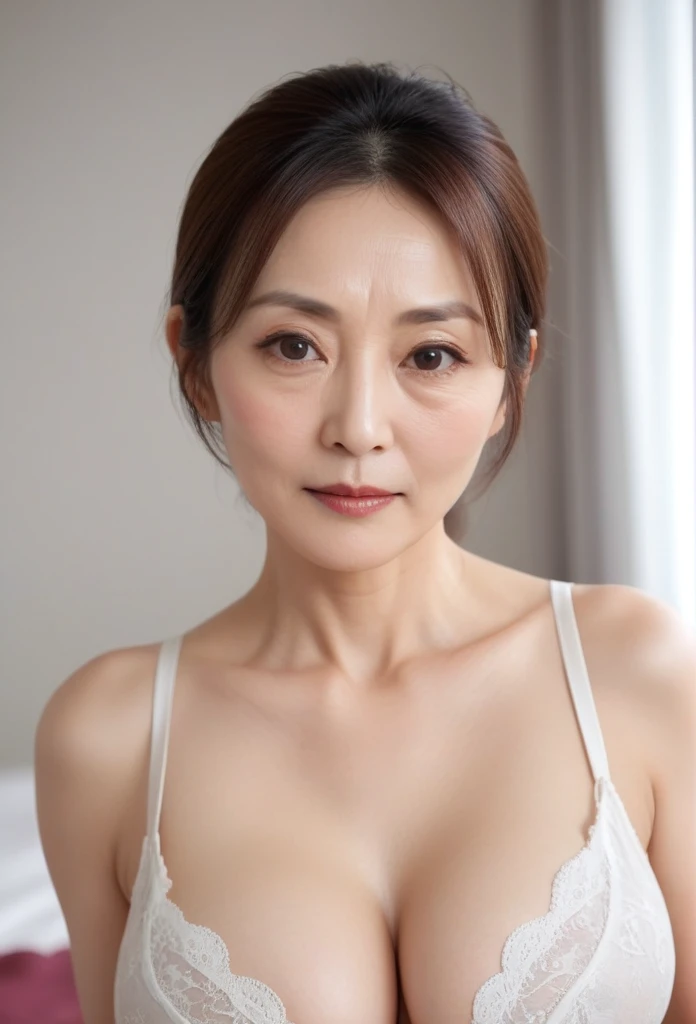 High resolution, (((Shortcuts))), Mature Woman,((Center Parting)),(((50-year-old women))),masterpiece, Highest quality, Ultra high definition, Textured skin, Droopy eyes,Thin lips,black eye,((Mole,under left lip, beauty mark, Glossy black)),Thin eyebrows,Thin eyebrows,(Japan female in her 60s),Narrow forehead,((Too thin,Too thin eyebrows)),Loose jaw,(Low Nose),Deep-set eyelids,((very droopy eyes)),Slightly droopy thin eyebrows,(Small Mouth), (droopy eyebrows),Nasolabial folds,Droopy eyes, hooded eyes, ((wrinkles around the eyes)),((full body)),Beautiful legs,thin lower lip,bed room, (full body shot),((background,bed room))lingerie((thin lower lip)), dim,wet,, low eyebrows, troubled eyebrows, eye wrinkles, ((camel toe)), without makeup, down-turned mouth, sagging, cowgirl position,((dildo)),squatting, m legs, Female in her 50s,paizuri, tongue out,シングルマザー, saliva, big ass, huge breasts, lying, on back, gigantic breasts, spread legs,泣いている, 