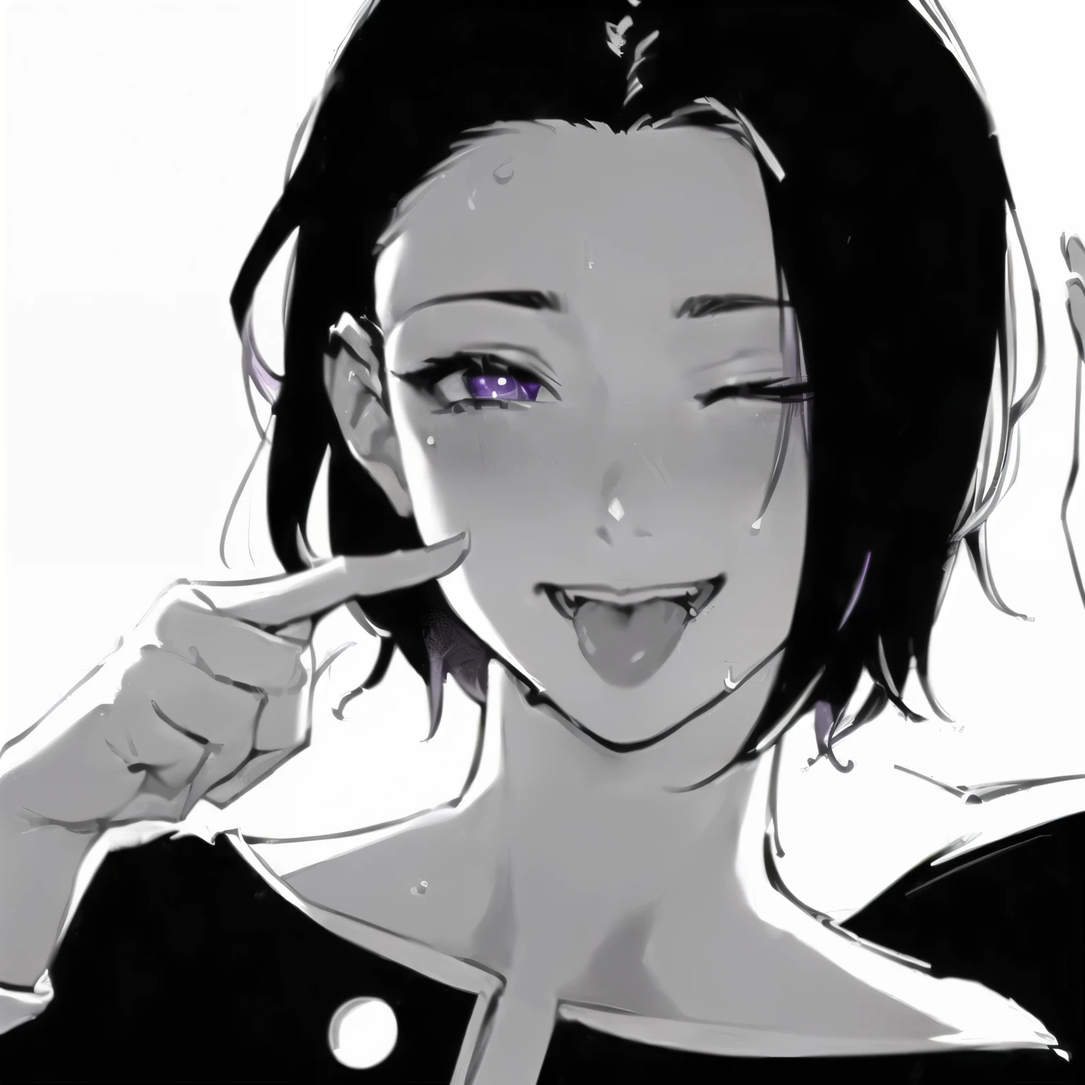 anime girl with black hair and a smile on her face, ;mouth open, androgynous face, dramatic smile pose, perfect anime face, perfect expression, dramatic smile pose, with index finger, androgynous person, teasing smile, androgynous vampire, [[[[smiling evilly]]]], tongue out masterpiece:1.2, blinking one eye, 1women, (38yers old), (best quality), (real picture, intricate details, depth of field), highly-detailed, high resolution, (illustration:0.8), perfect lighting, extremely detailed CG, big breasts, (large breasts:1.5), (Purple Jacket:1.5), cleavage, (purple hair), (hair over one eye:1.5), lipstick, anime blushing, (blushing:1.5), (short hair:1.5), (Short purple hair:1.5), (mature female:1.5) (mature face) (sweat) (sweat:1.5) (cleavage), (one_eye_closed:1.5), (tongle_out:1.5)
