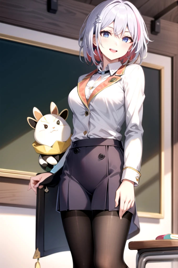 Highest quality, masterpiece, Very detailed,
Topaz RW,
Open your mouth, A light smile,
blue eyes, White Hair, short hair, ミディアムshort hair,
school uniform, blazer, tie, Red Skirt, pantyhose,
Are standing, Looking at the audience,
classroom