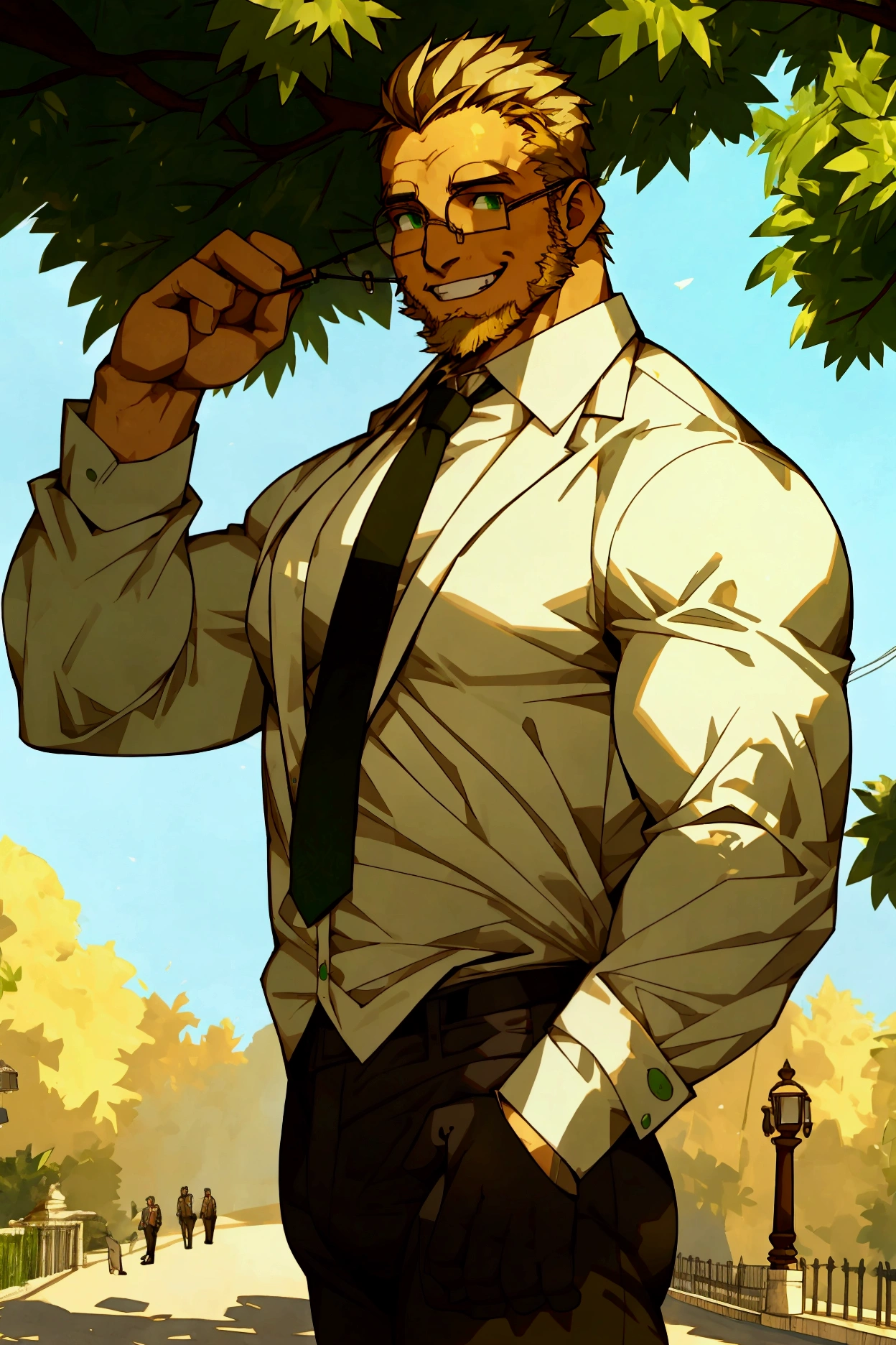 middle aged man, scrawny build, skinny, light facial hair, white shirt, short blonde hair, receding hairline, glasses, black jeans, smiling, teeth, green eyes, long black tie, outside, massive bulge, daytime, realistic anatomy, not muscular, full body, 8k, high definition