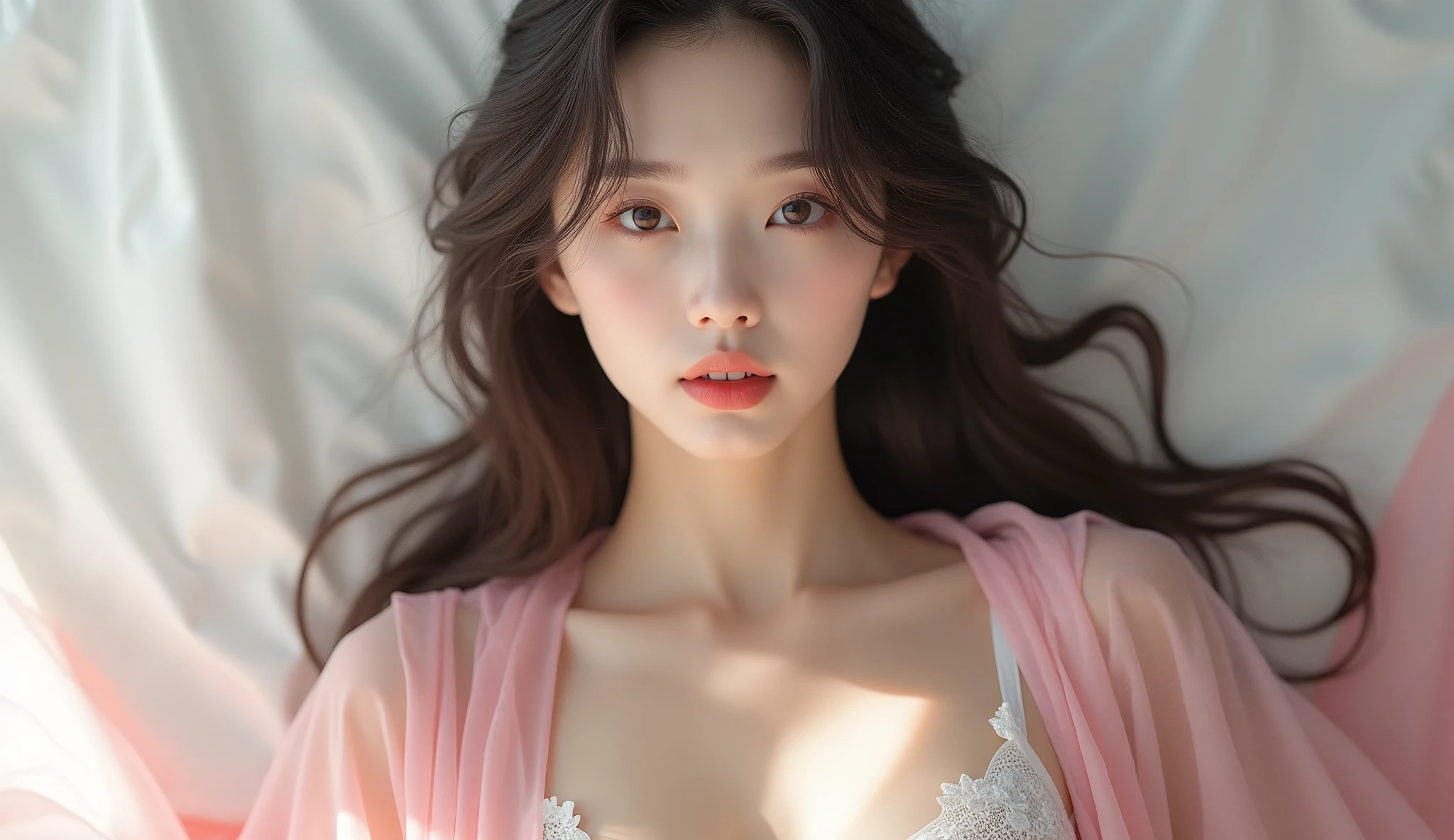 (((ultra realist))) photoshot, masterpiece, top quality, (pale skin), (ultra-detailed face and eyes:1.3), 1 girl, adult, (Eye make up, mask) , ((size, Detailed Lips)), ((ashy wavy hair)), ((Chyolka)) , (Natürliche size nackte Brüste), Slender waist. ((posing)), porn, studio (Soft lighting), (The play of light and shadow), depth of field, bokeh, (special attention to skin details: 1.2), Detailed leather structure, Hautporen. (Airy atmosphere of the frame. Colour palette - delicate, bright, White, Pink tones), DR, ((film grain)), ((Rays)), ((Glare from the sun)), ((Waist up portrait, close to the camera)) , ultra detailed,